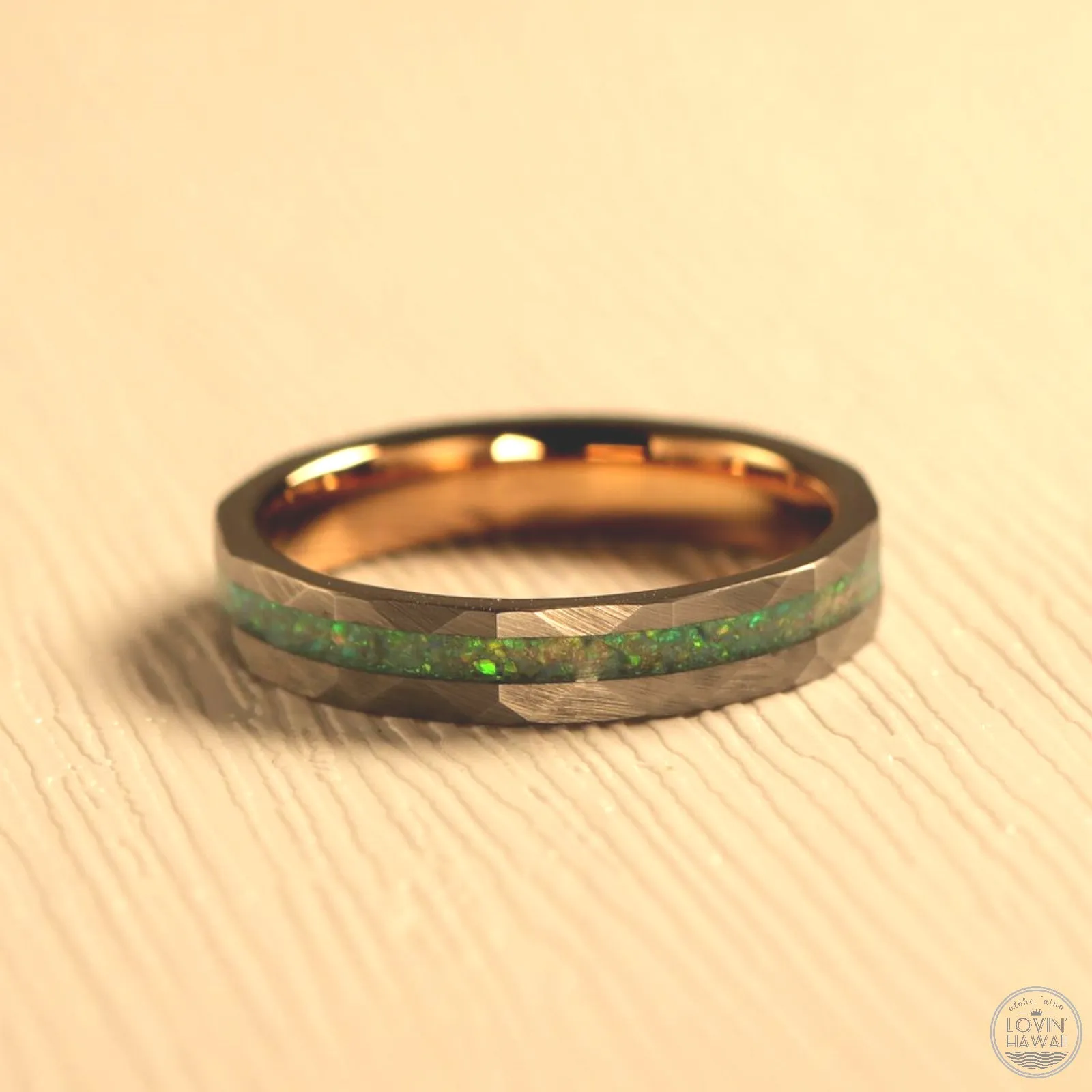 Hammered Wedding Ring With Green and Blue Opals Inlay (4mm Width)