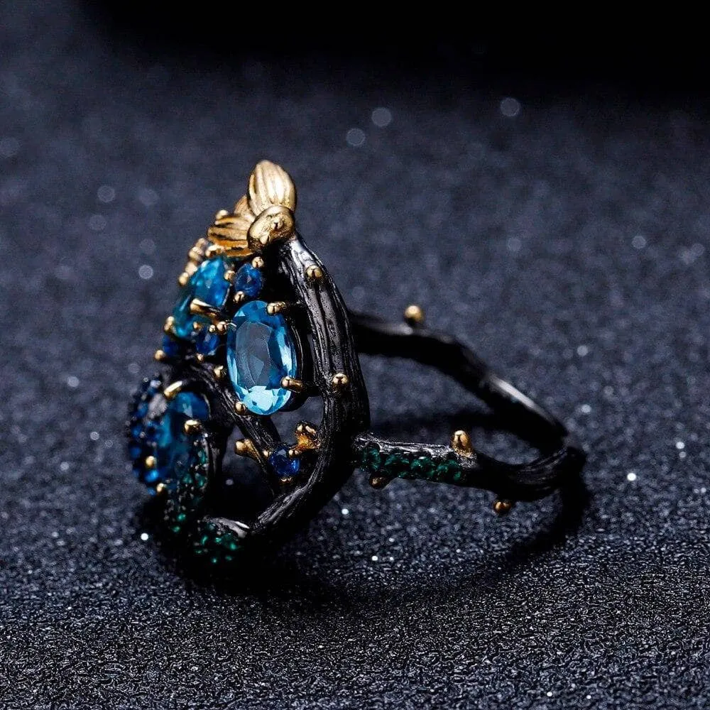 Handmade Natural Swiss Blue Topaz Gold Bee on Branch Rings