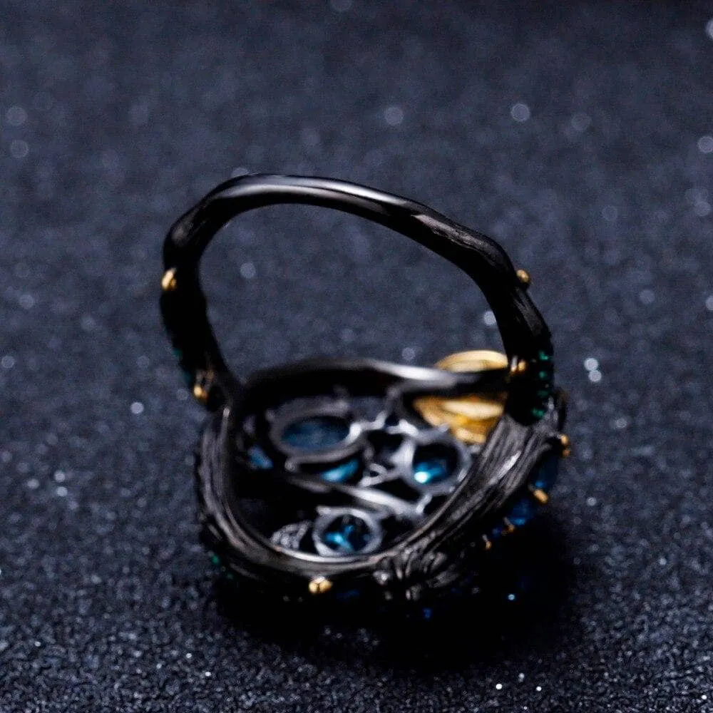 Handmade Natural Swiss Blue Topaz Gold Bee on Branch Rings