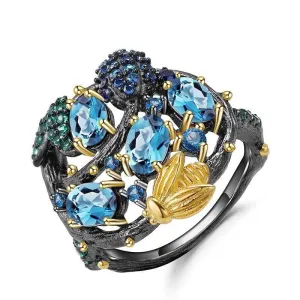 Handmade Natural Swiss Blue Topaz Gold Bee on Branch Rings