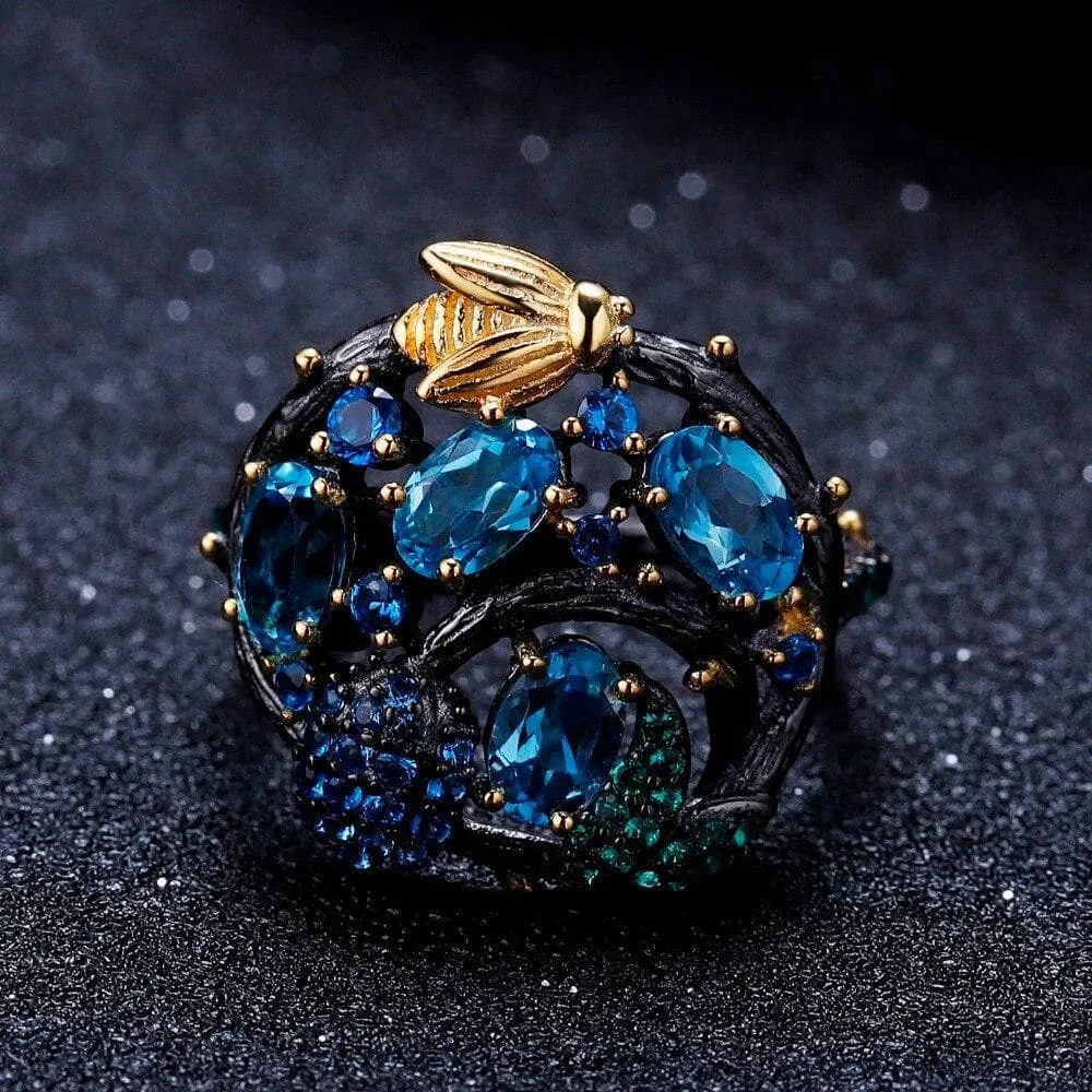 Handmade Natural Swiss Blue Topaz Gold Bee on Branch Rings