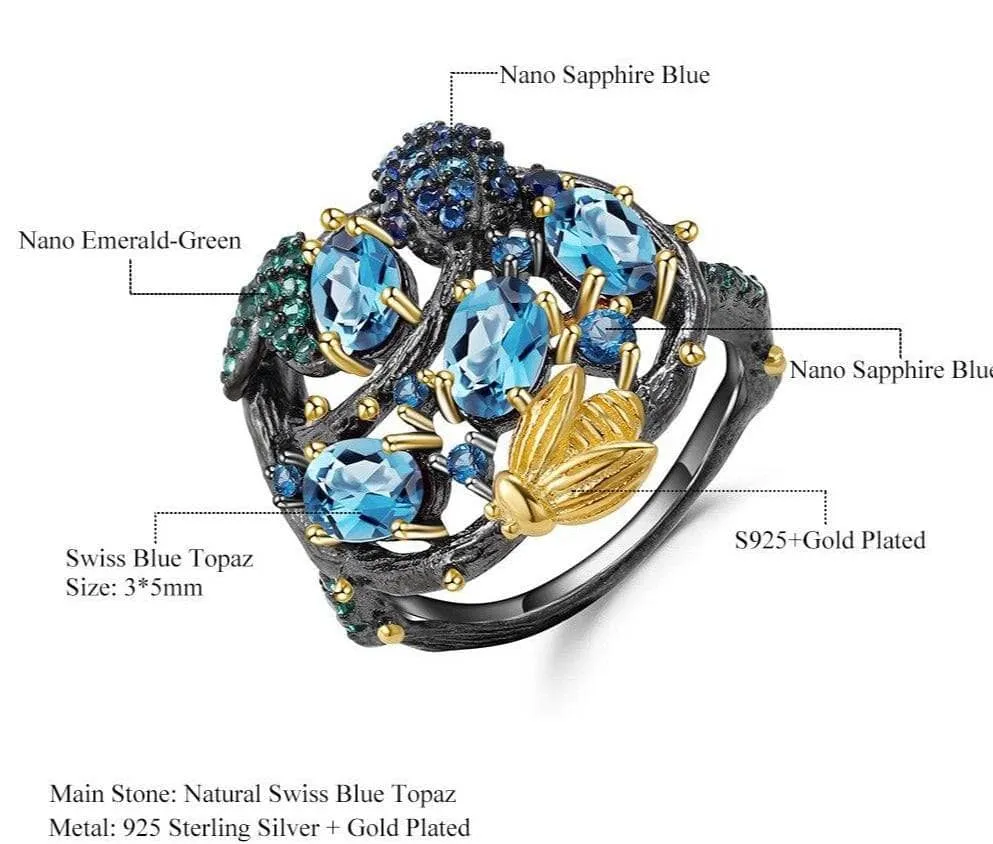 Handmade Natural Swiss Blue Topaz Gold Bee on Branch Rings