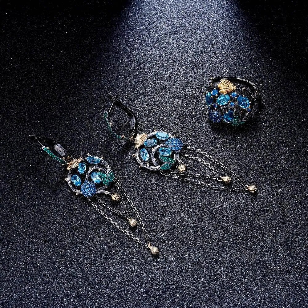Handmade Natural Swiss Blue Topaz Gold Bee on Branch Rings