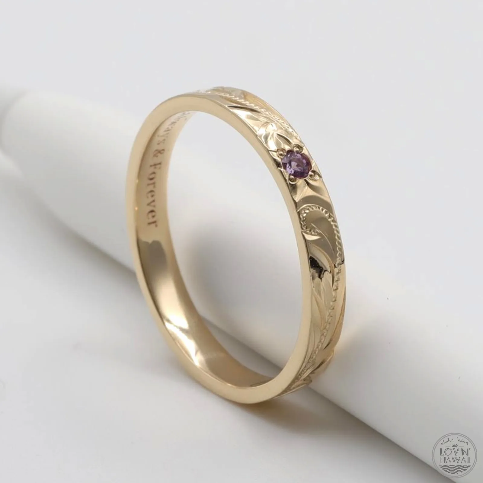 Hawaii Ring with Sapphire Stone, Hand Engraved Design (3MM, Flat Style)