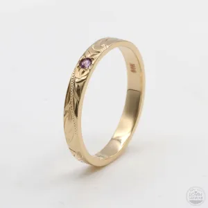 Hawaii Ring with Sapphire Stone, Hand Engraved Design (3MM, Flat Style)