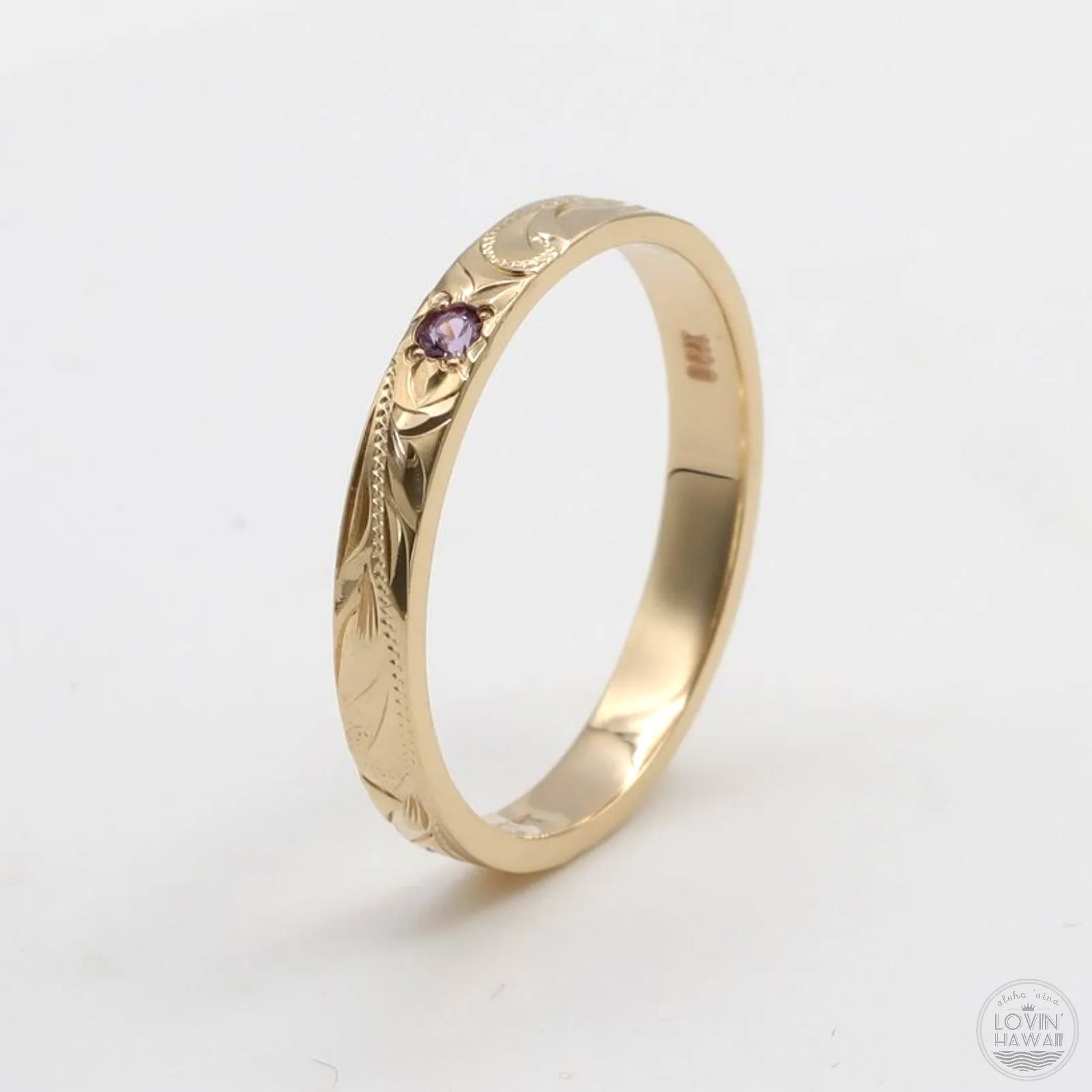 Hawaii Ring with Sapphire Stone, Hand Engraved Design (3MM, Flat Style)