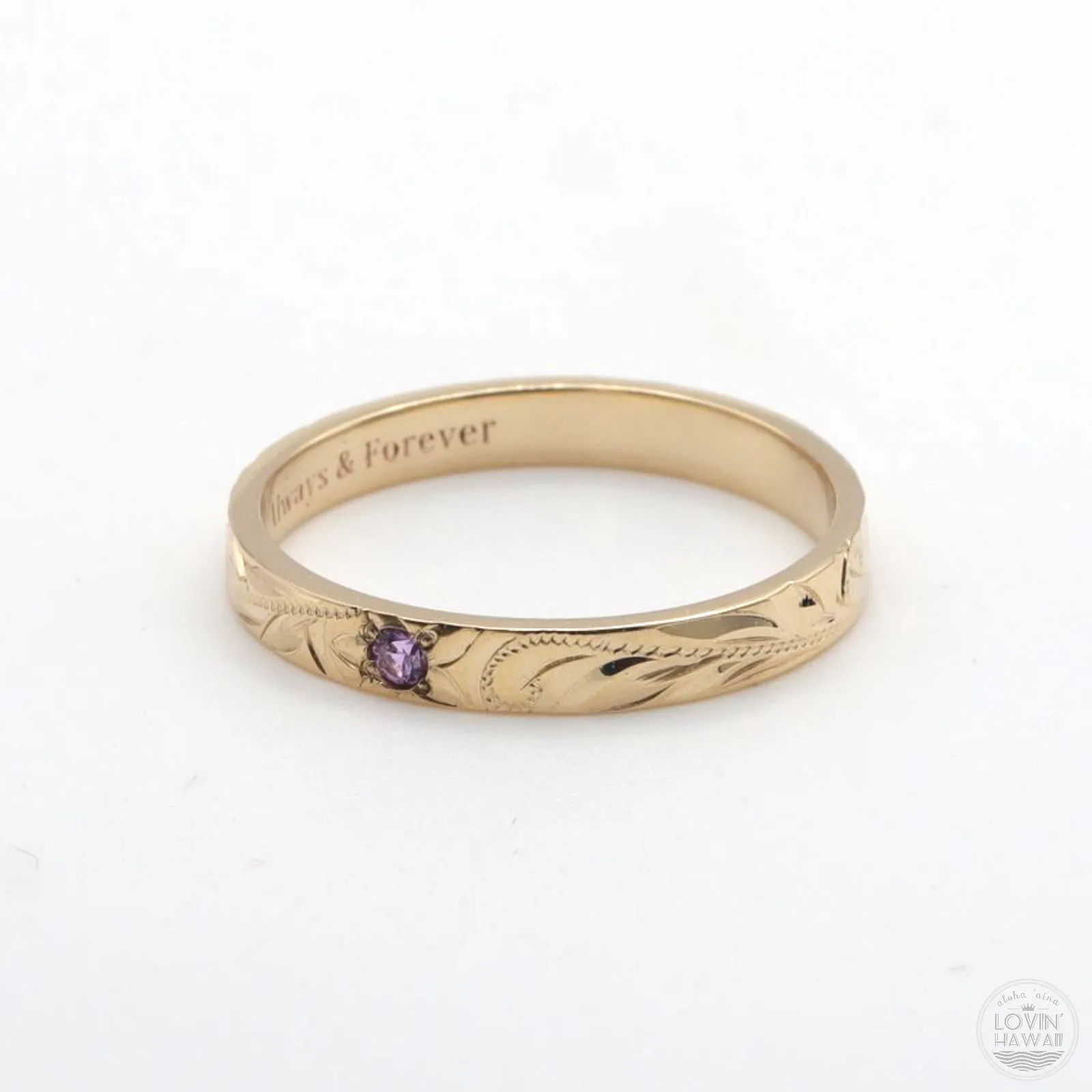 Hawaii Ring with Sapphire Stone, Hand Engraved Design (3MM, Flat Style)