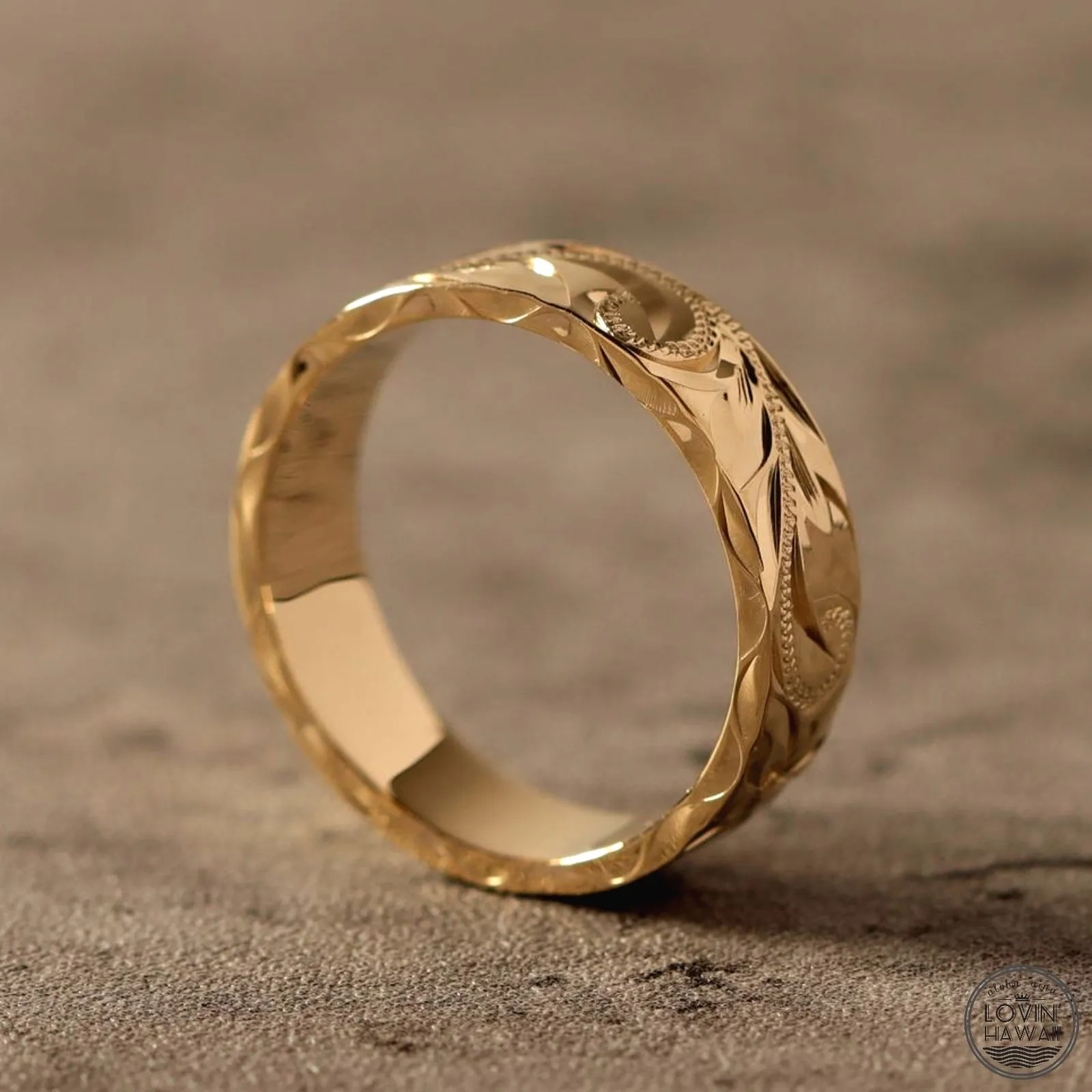 Hawaii Wedding Bands in Solid 14K Gold, Hand Engraved Design (6mm Width, Flat Style)