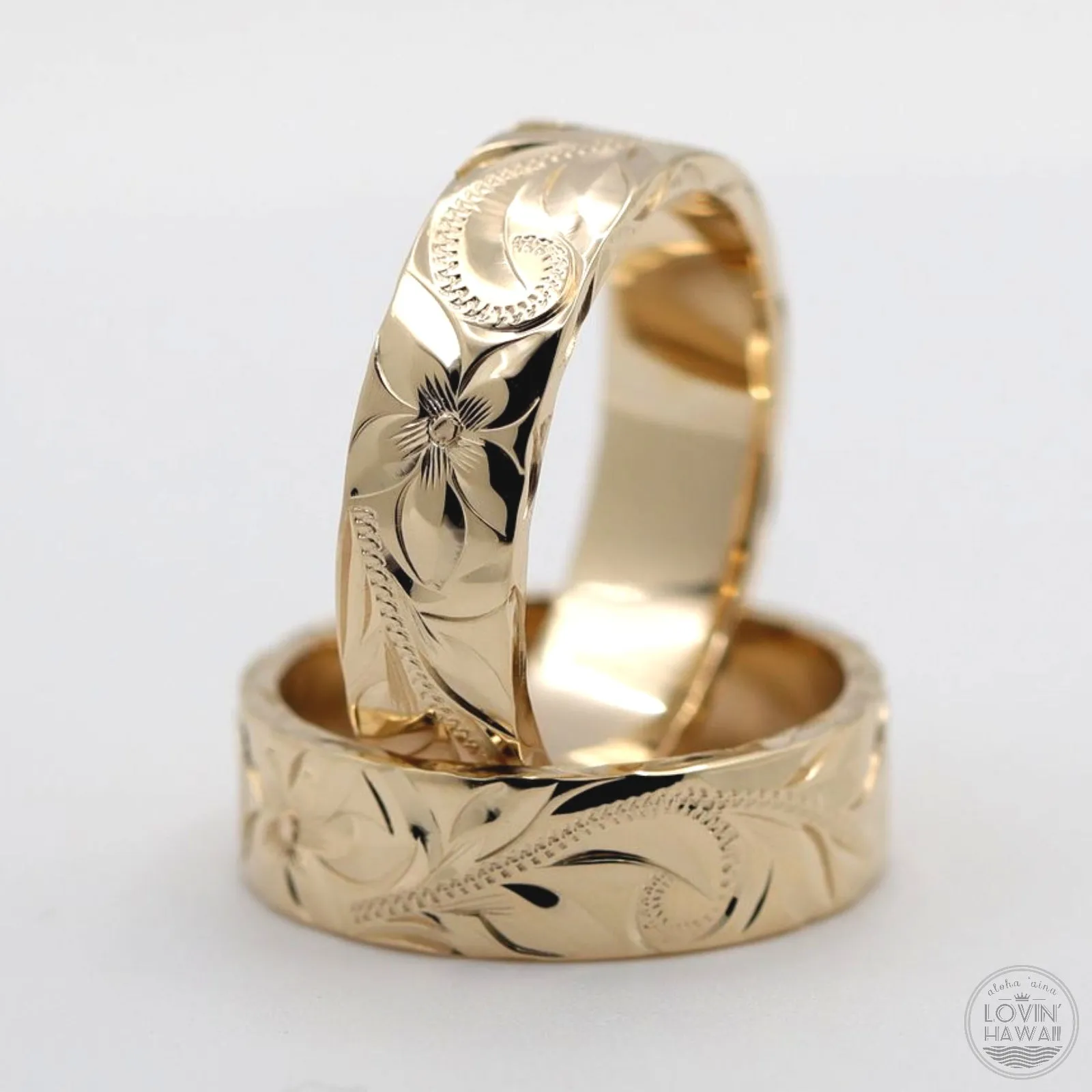 Hawaii Wedding Bands in Solid 14K Gold, Hand Engraved Design (6mm Width, Flat Style)