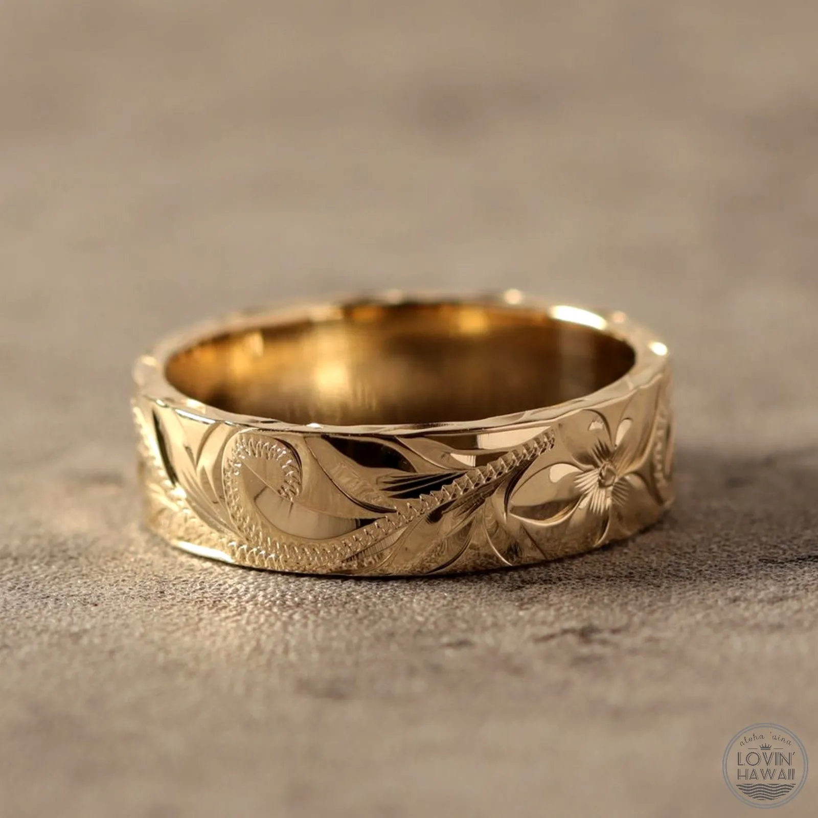 Hawaii Wedding Bands in Solid 14K Gold, Hand Engraved Design (6mm Width, Flat Style)
