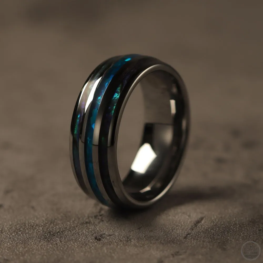 Hawaii Wedding Bands With Opal & Abalone Shell Inlaid (8mm Width)