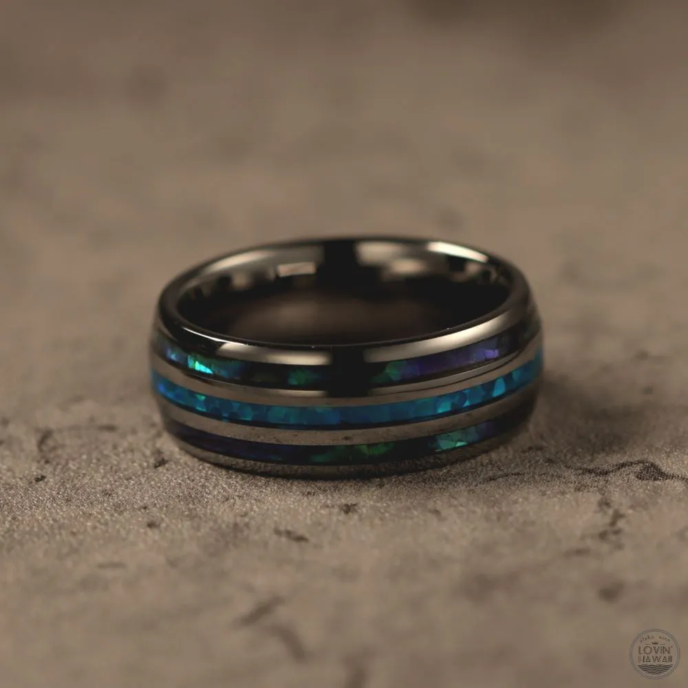 Hawaii Wedding Bands With Opal & Abalone Shell Inlaid (8mm Width)