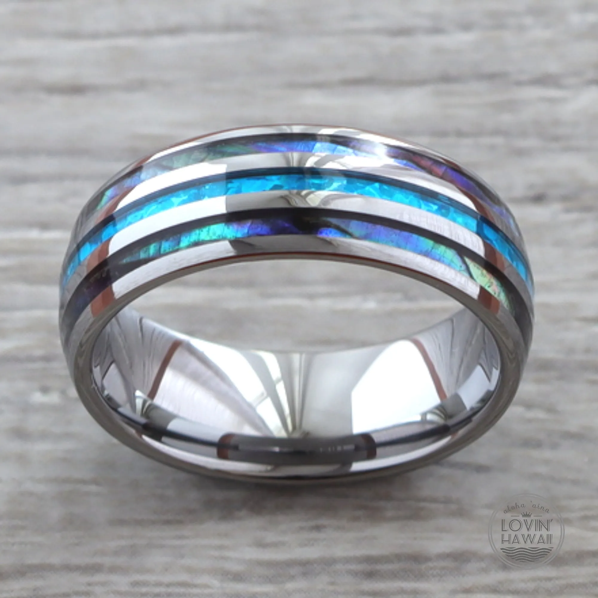 Hawaii Wedding Bands With Opal & Abalone Shell Inlaid (8mm Width)