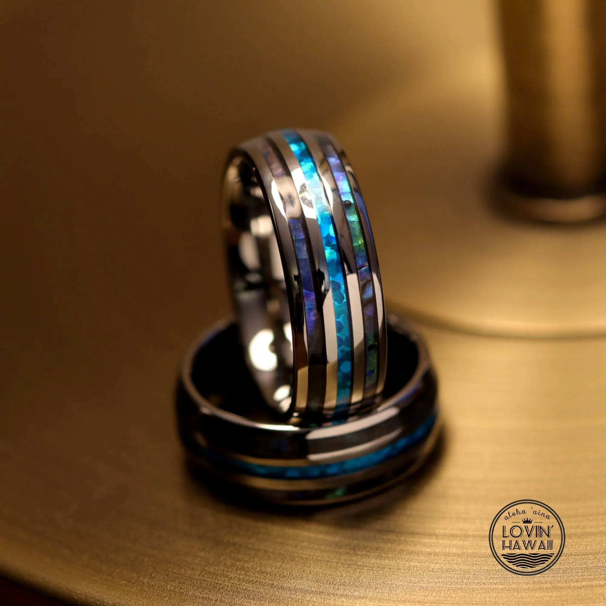 Hawaii Wedding Bands With Opal & Abalone Shell Inlaid (8mm Width)