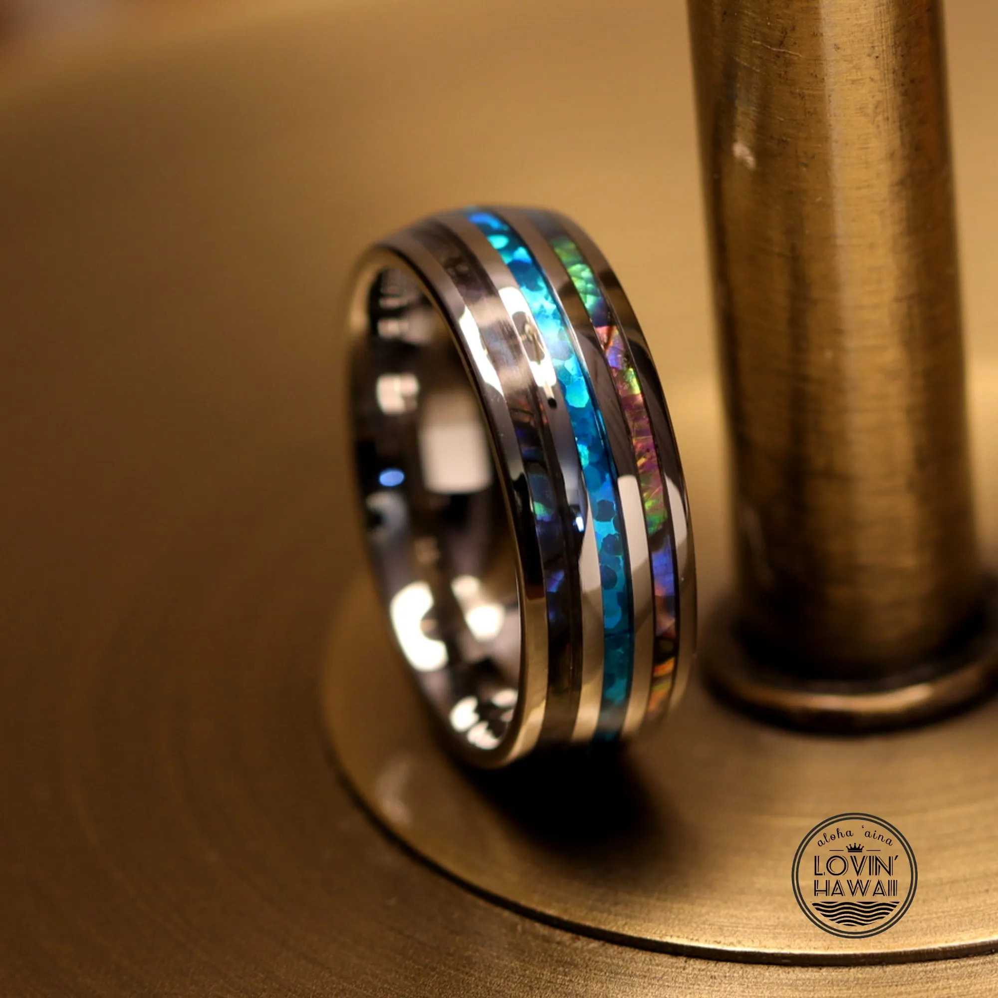 Hawaii Wedding Bands With Opal & Abalone Shell Inlaid (8mm Width)