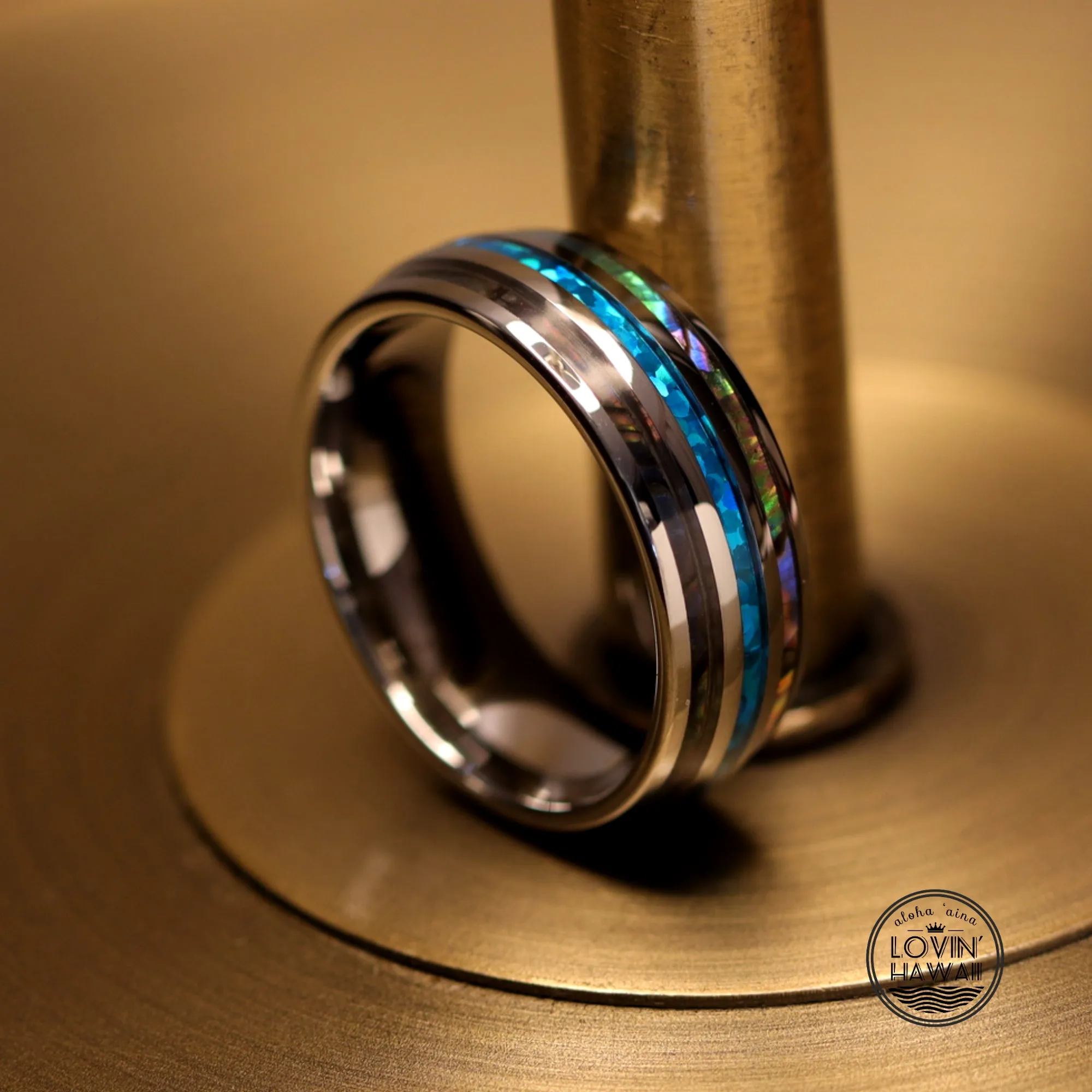 Hawaii Wedding Bands With Opal & Abalone Shell Inlaid (8mm Width)