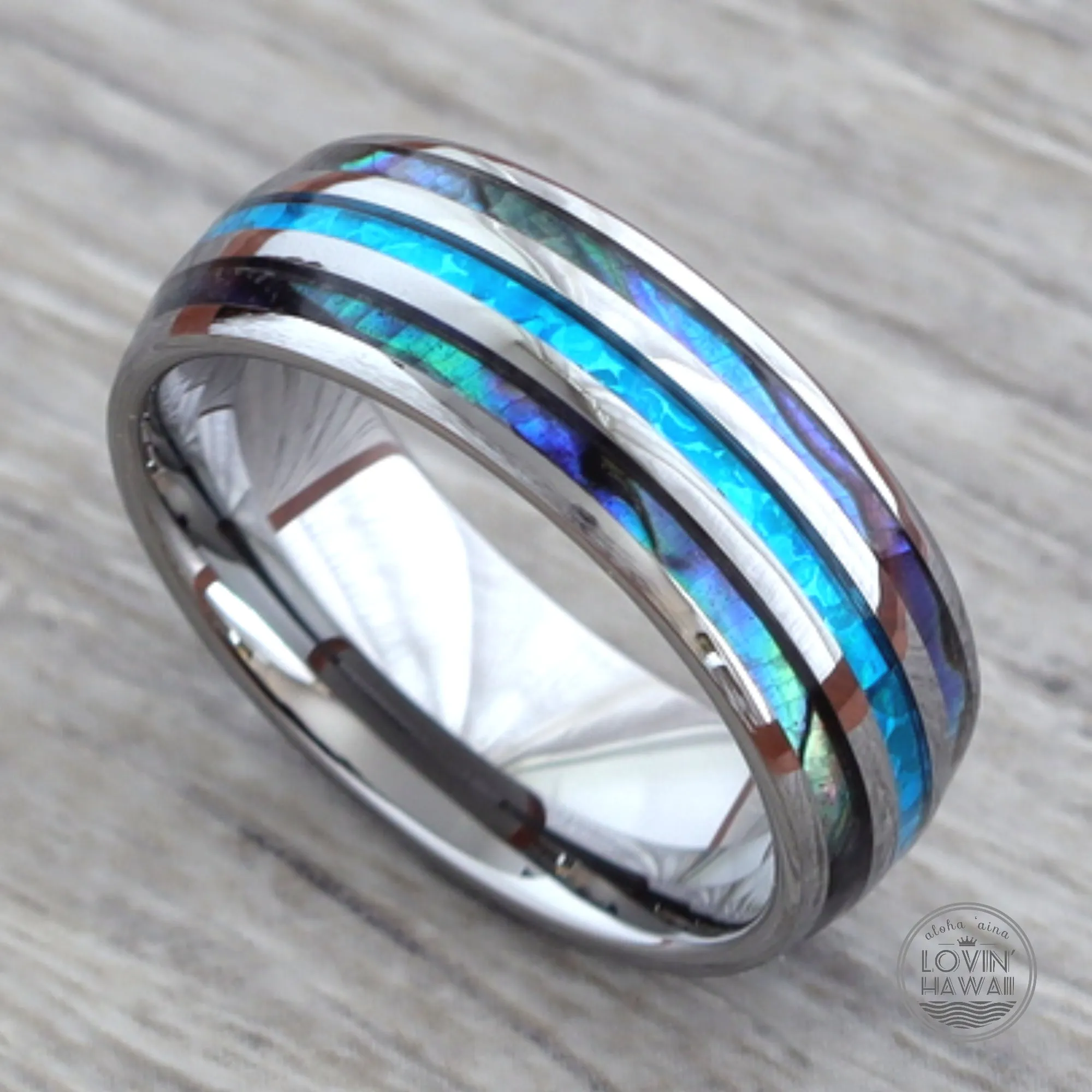 Hawaii Wedding Bands With Opal & Abalone Shell Inlaid (8mm Width)