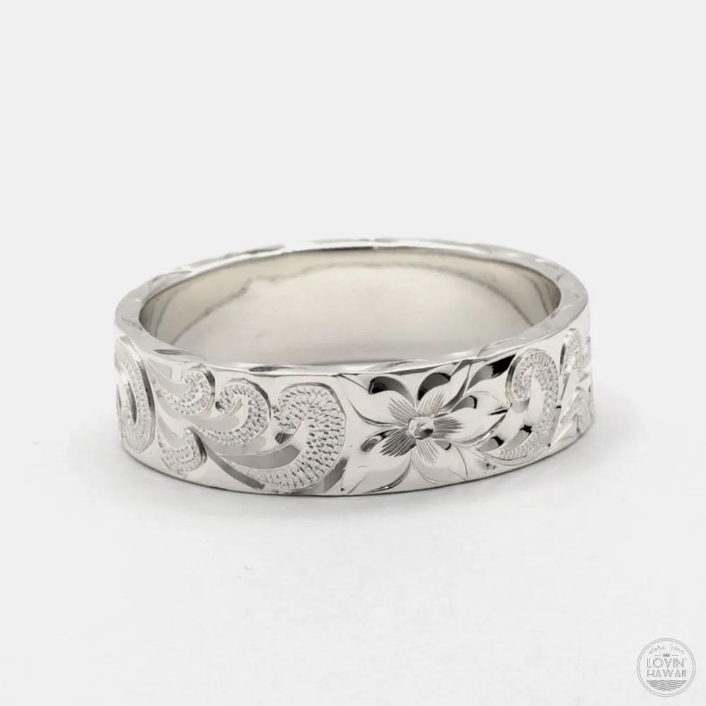 Hawaii Wedding Ring in Solid 14K Gold, Hand Engraved Design (6mm Width, Flat Style)