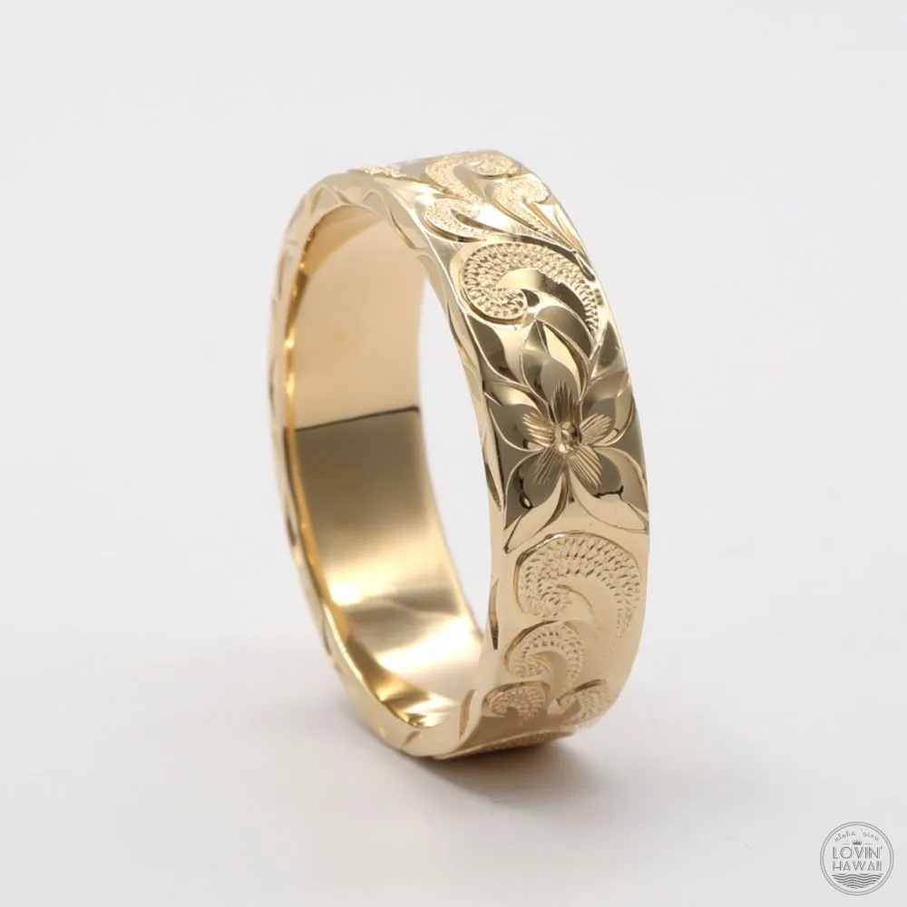 Hawaii Wedding Ring in Solid 14K Gold, Hand Engraved Design (6mm Width, Flat Style)