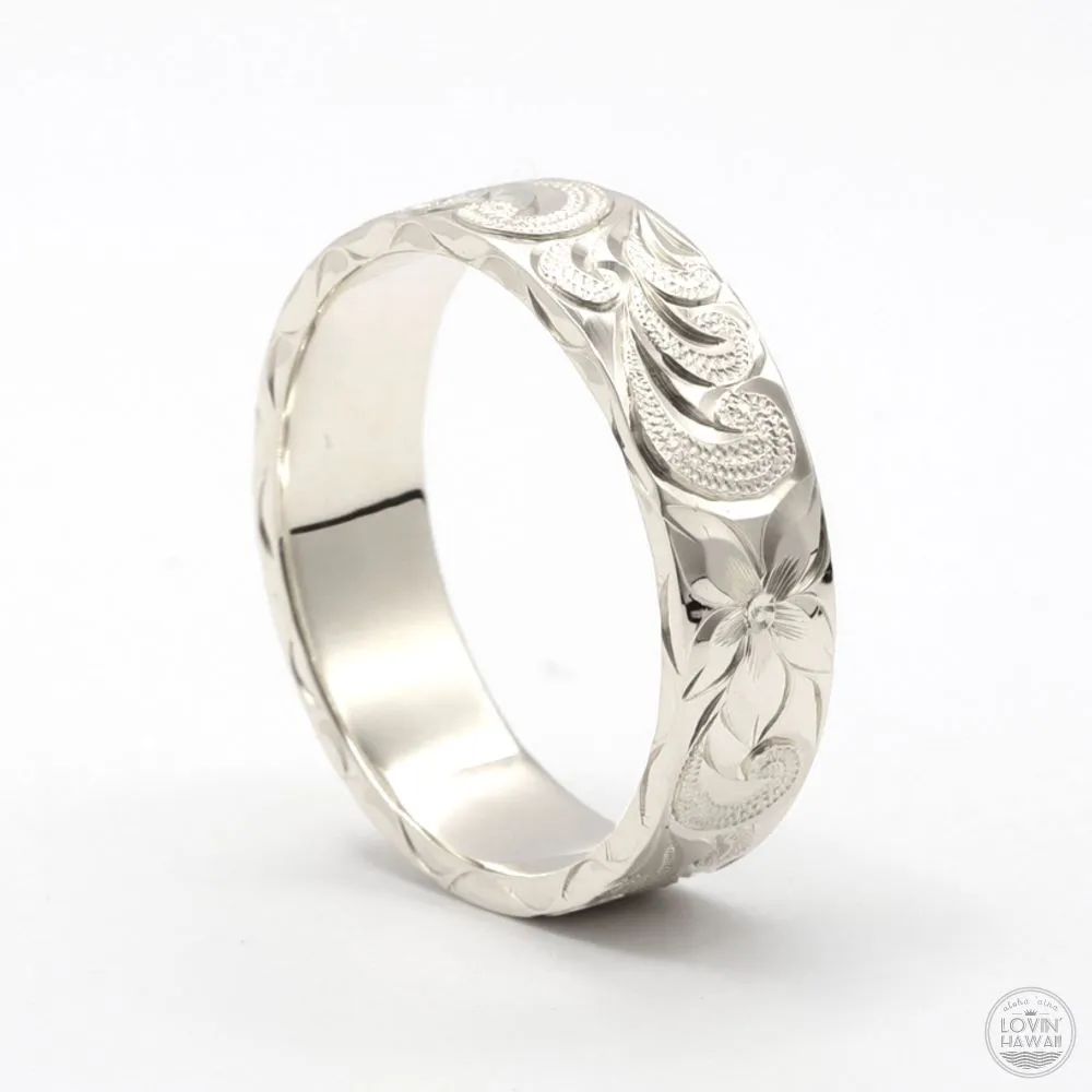 Hawaii Wedding Ring in Solid 14K Gold, Hand Engraved Design (6mm Width, Flat Style)