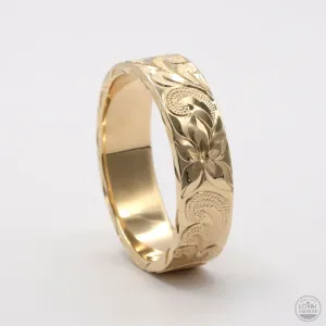 Hawaii Wedding Ring in Solid 14K Gold, Hand Engraved Design (6mm Width, Flat Style)
