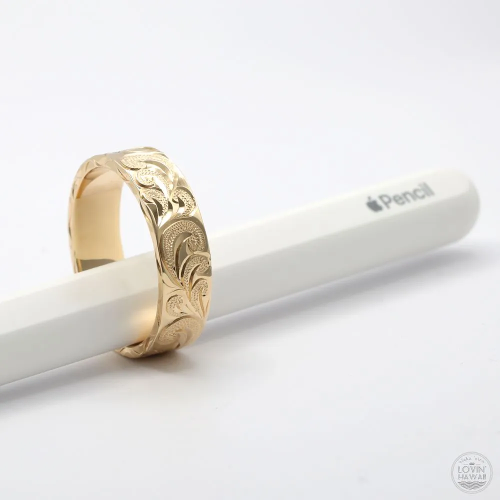 Hawaii Wedding Ring in Solid 14K Gold, Hand Engraved Design (6mm Width, Flat Style)