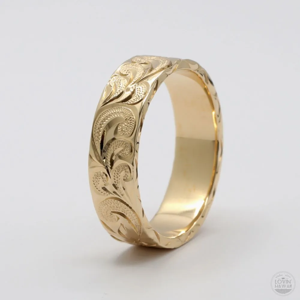 Hawaii Wedding Ring in Solid 14K Gold, Hand Engraved Design (6mm Width, Flat Style)