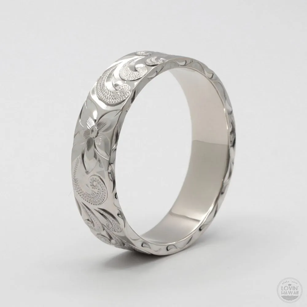 Hawaii Wedding Ring in Solid 14K Gold, Hand Engraved Design (6mm Width, Flat Style)