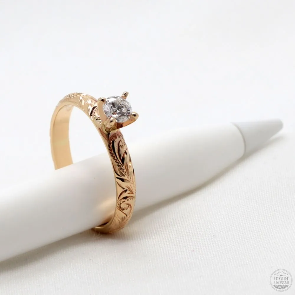 Hawaiian engagement ring, Diamond Setting, Engraved With Plumeria Flower (3mm width)