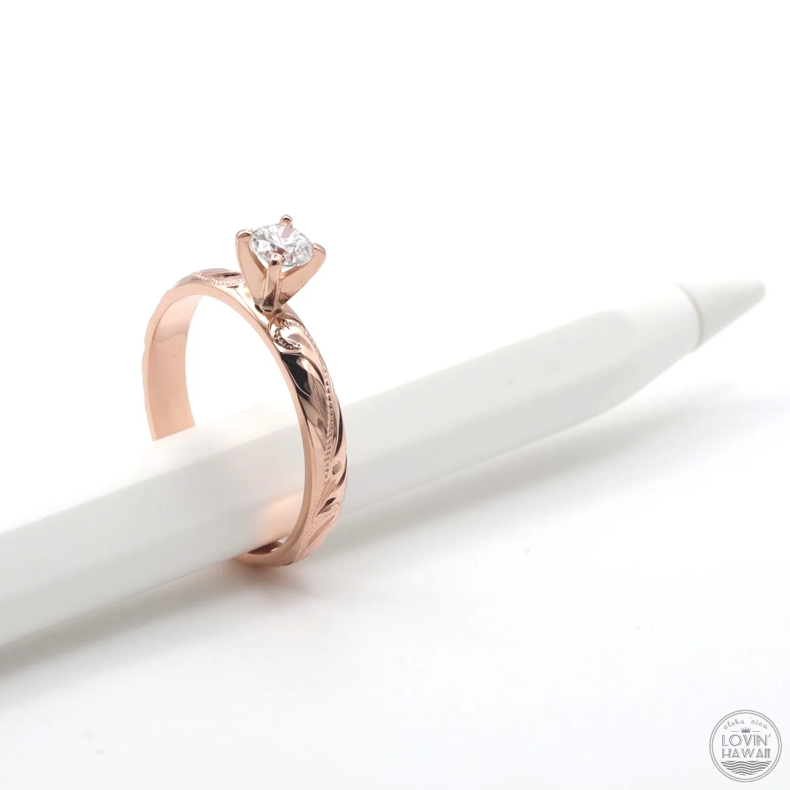 Hawaiian engagement ring, Diamond Setting, Engraved With Plumeria Flower (3mm width)