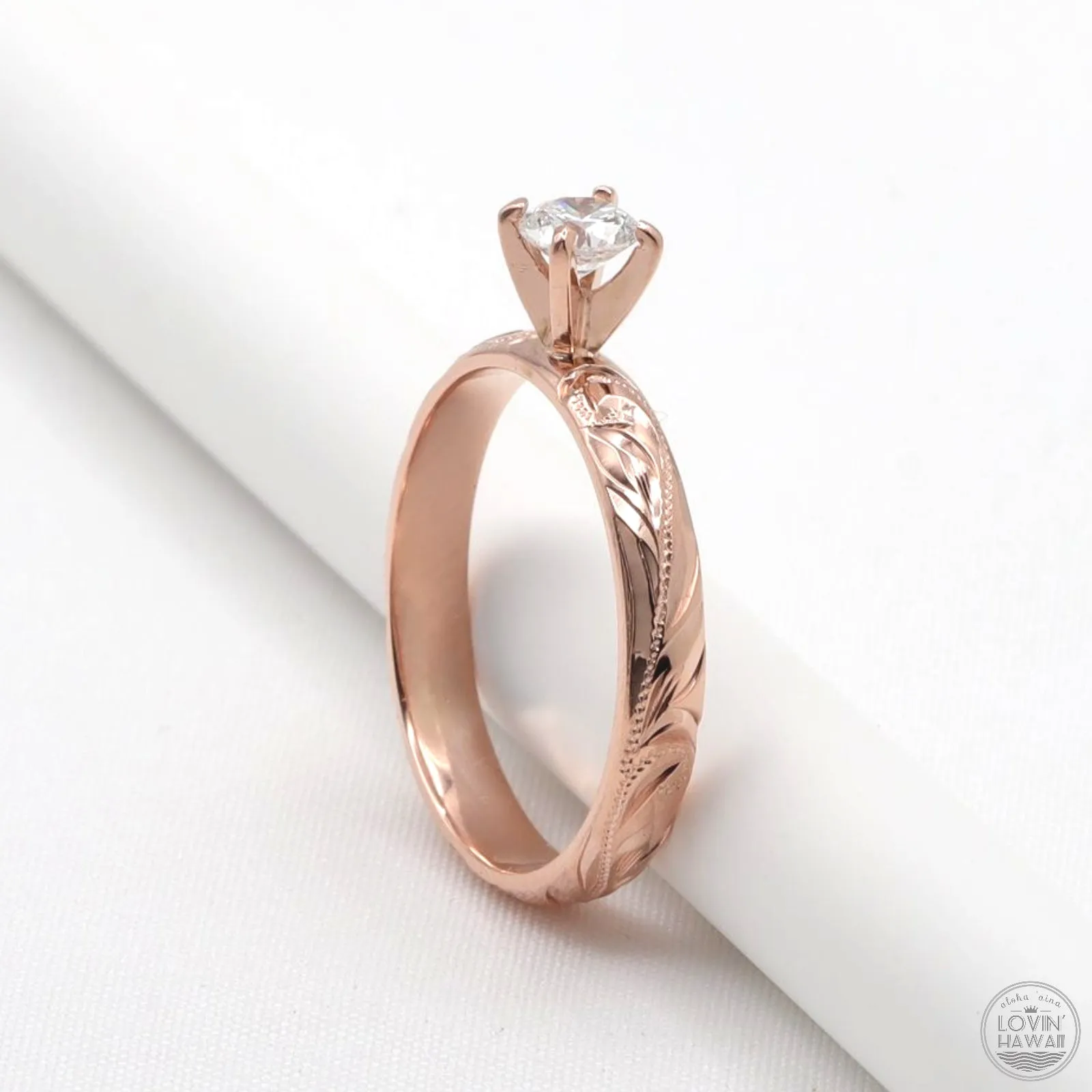 Hawaiian engagement ring, Diamond Setting, Engraved With Plumeria Flower (3mm width)