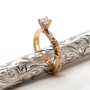 Hawaiian engagement ring, Diamond Setting, Engraved With Plumeria Flower (3mm width)