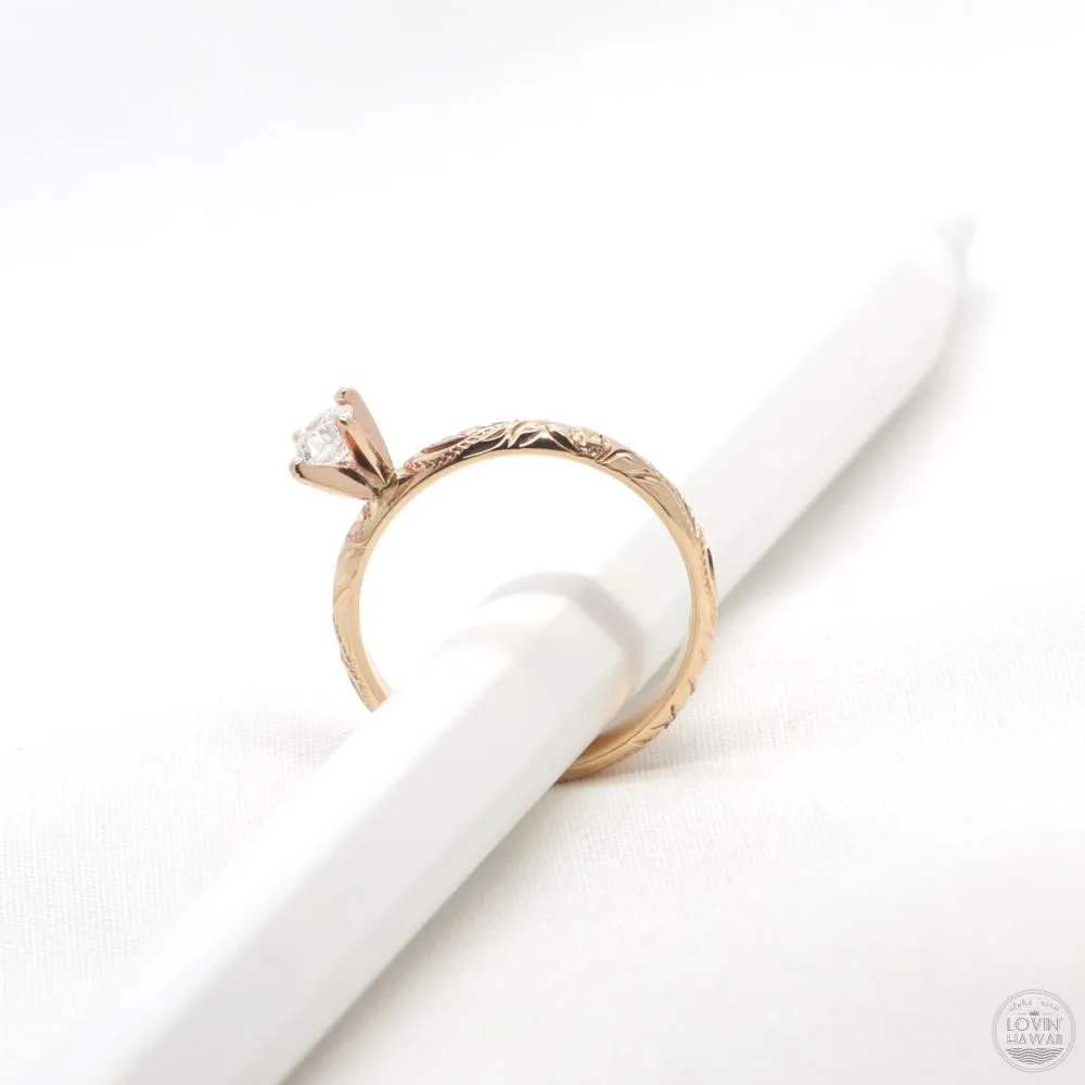 Hawaiian engagement ring, Diamond Setting, Engraved With Plumeria Flower (3mm width)