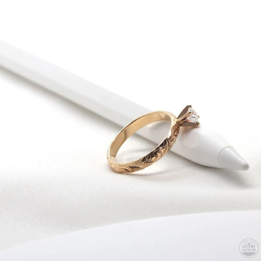 Hawaiian engagement ring, Diamond Setting, Engraved With Plumeria Flower (3mm width)
