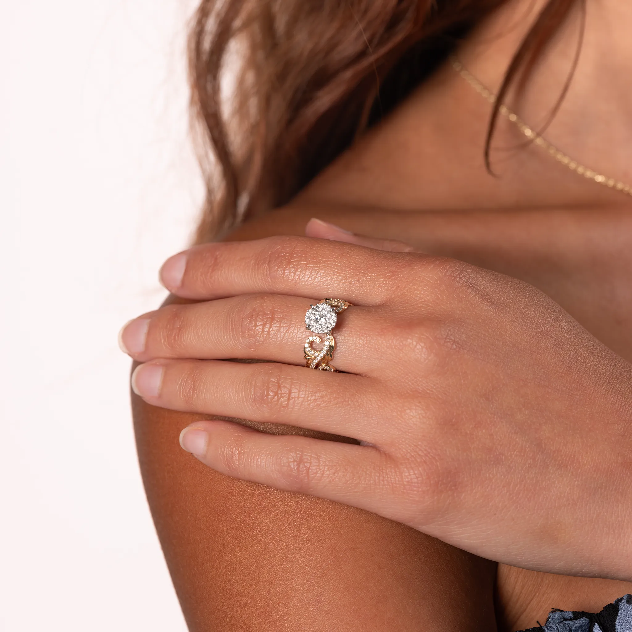 Hawaiian Heirloom Engagement Ring in Two Tone Gold with Diamonds