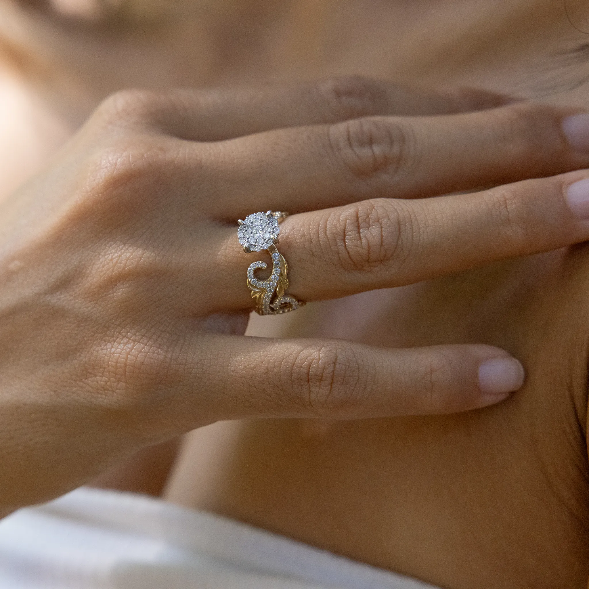 Hawaiian Heirloom Engagement Ring in Two Tone Gold with Diamonds