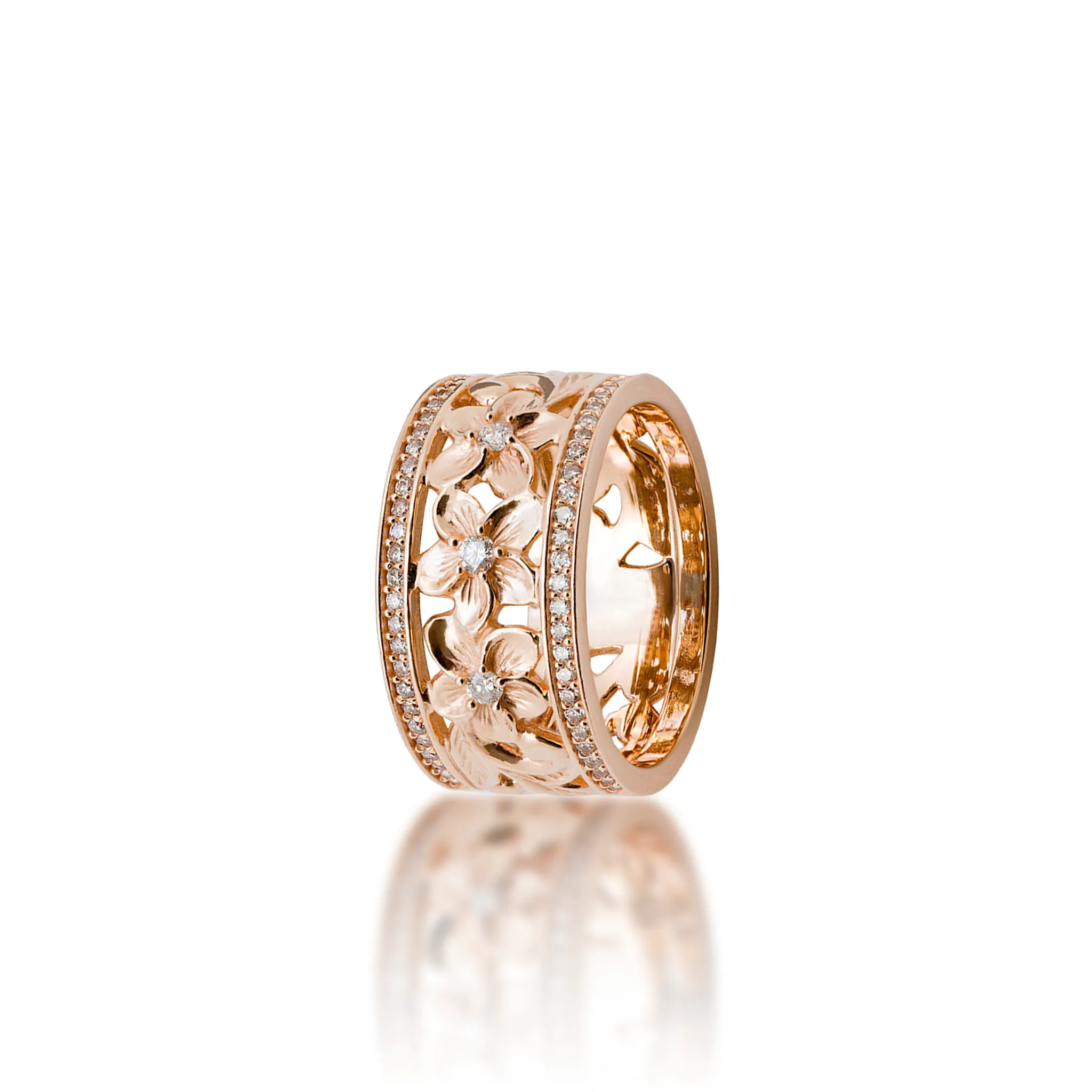 Hawaiian Heirloom Plumeria Ring in Rose Gold with Diamonds - 10mm