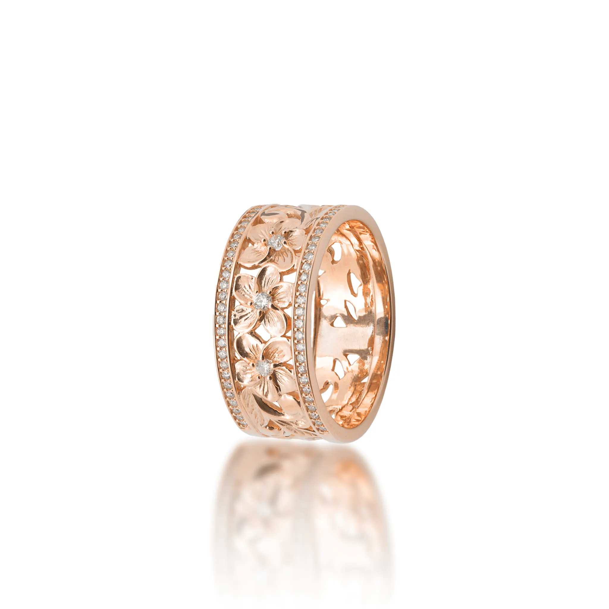 Hawaiian Heirloom Plumeria Ring in Rose Gold with Diamonds - 10mm