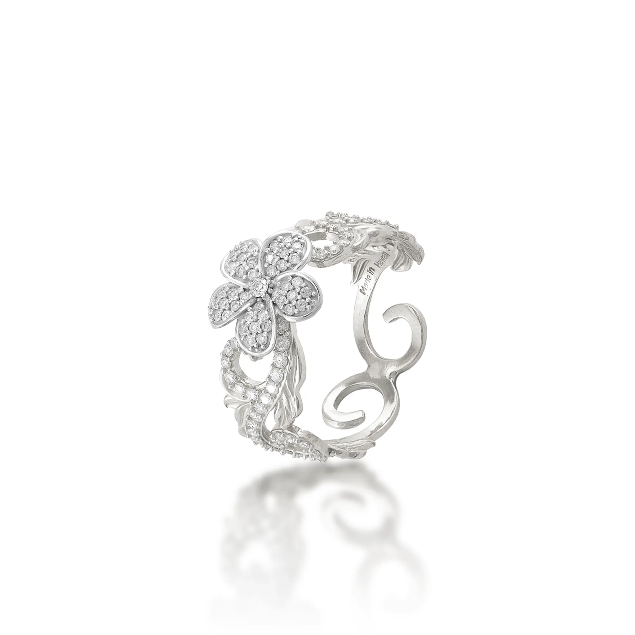 Hawaiian Heirloom Plumeria Ring in White Gold with Diamonds - 10mm