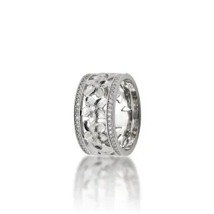 Hawaiian Heirloom Plumeria Ring in White Gold with Diamonds - 10mm