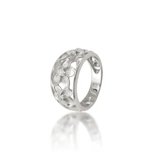 Hawaiian Heirloom Plumeria Ring in White Gold with Diamonds - 11mm