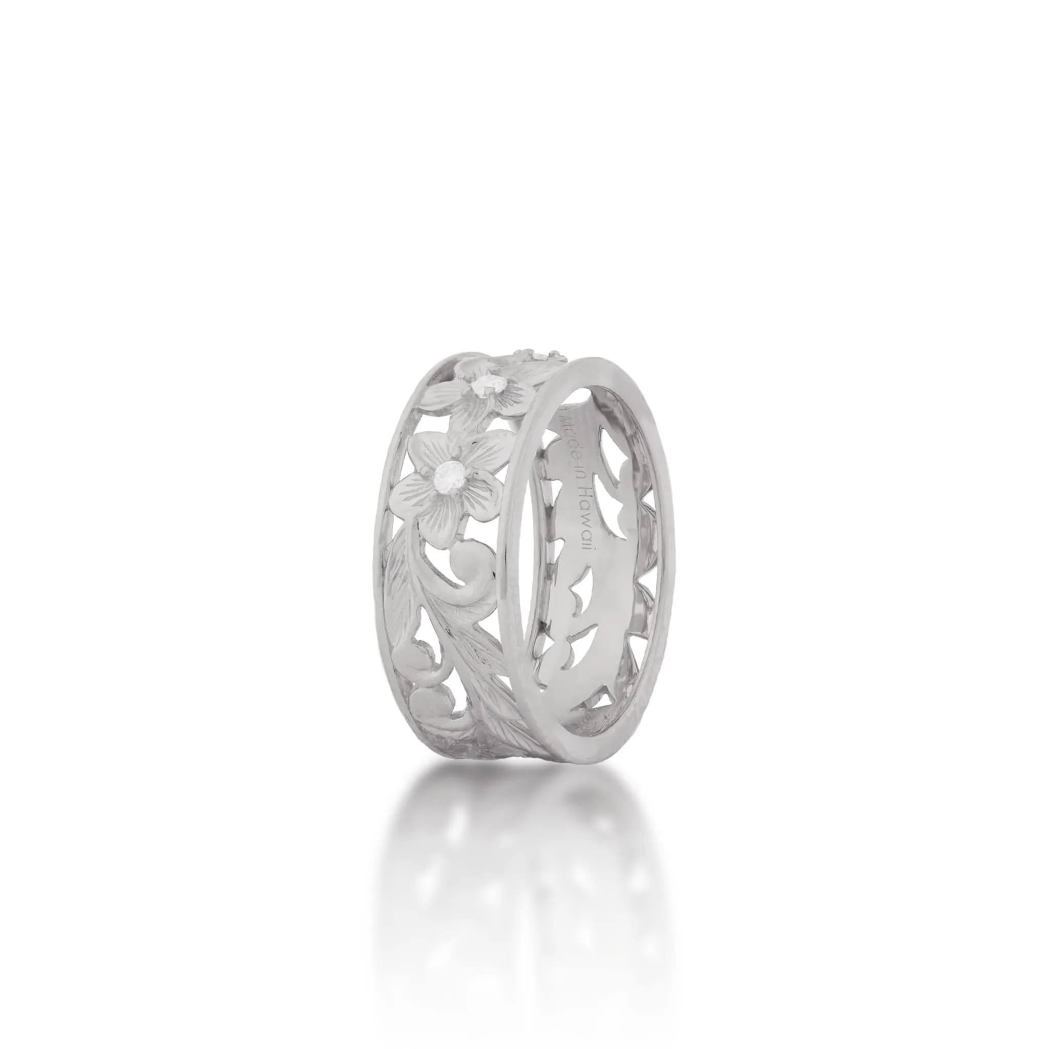 Hawaiian Heirloom Plumeria Ring in White Gold with Diamonds - 8mm