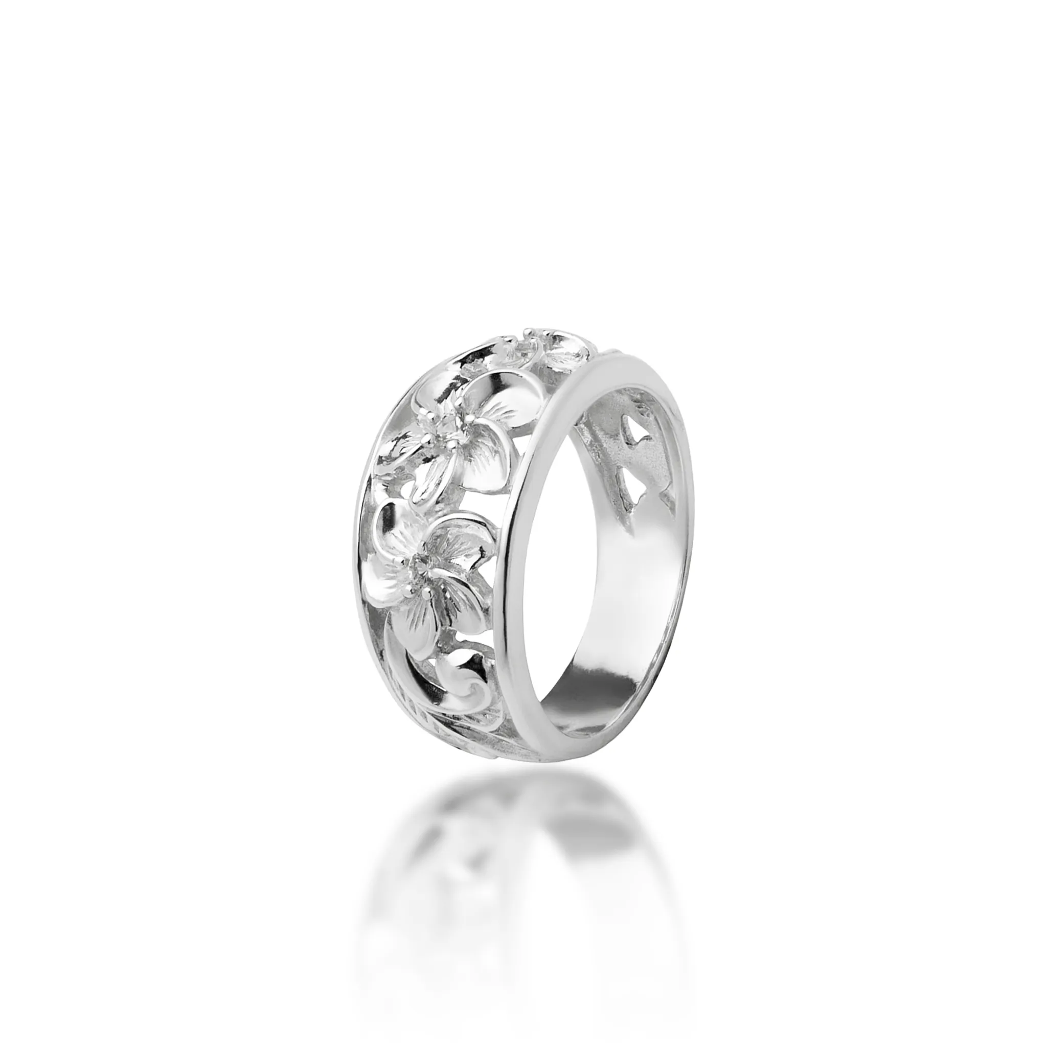 Hawaiian Heirloom Plumeria White Sapphire Ring in Sterling Silver - 11mm