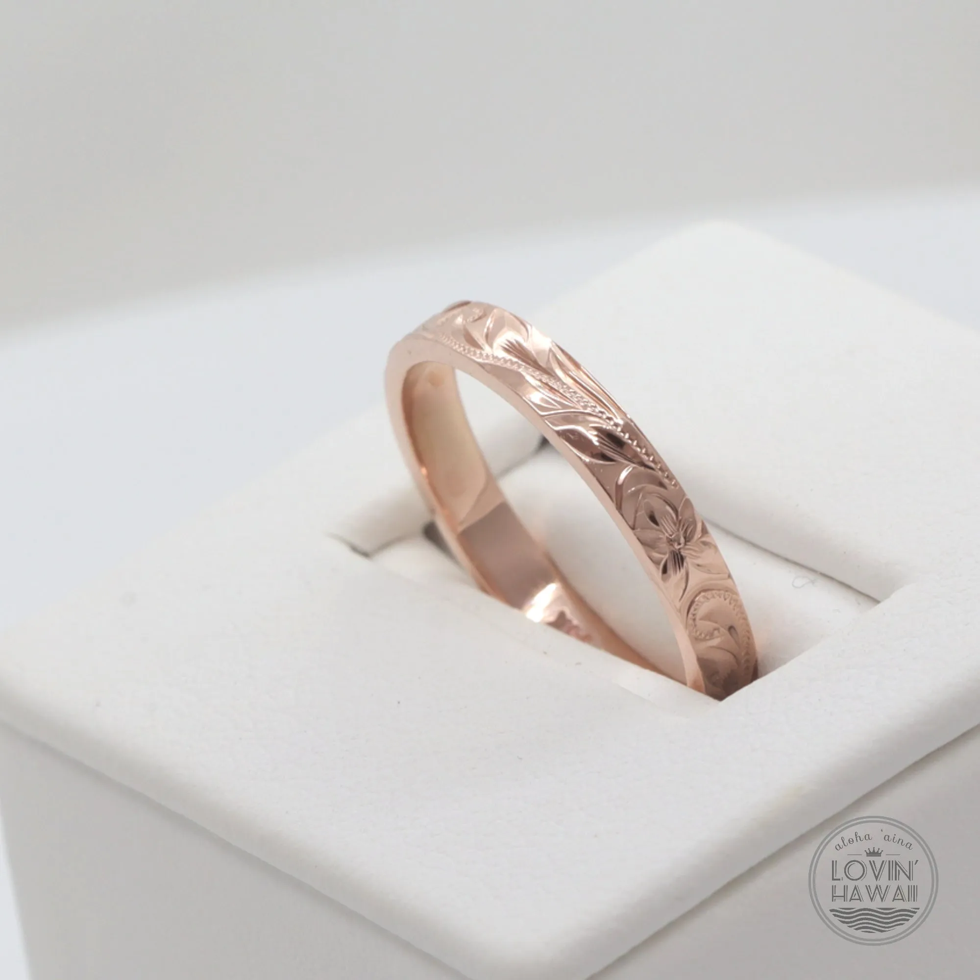 Hawaiian Rose Gold Wedding Ring, Hand Engraved Design (3mm width, Flat Style)