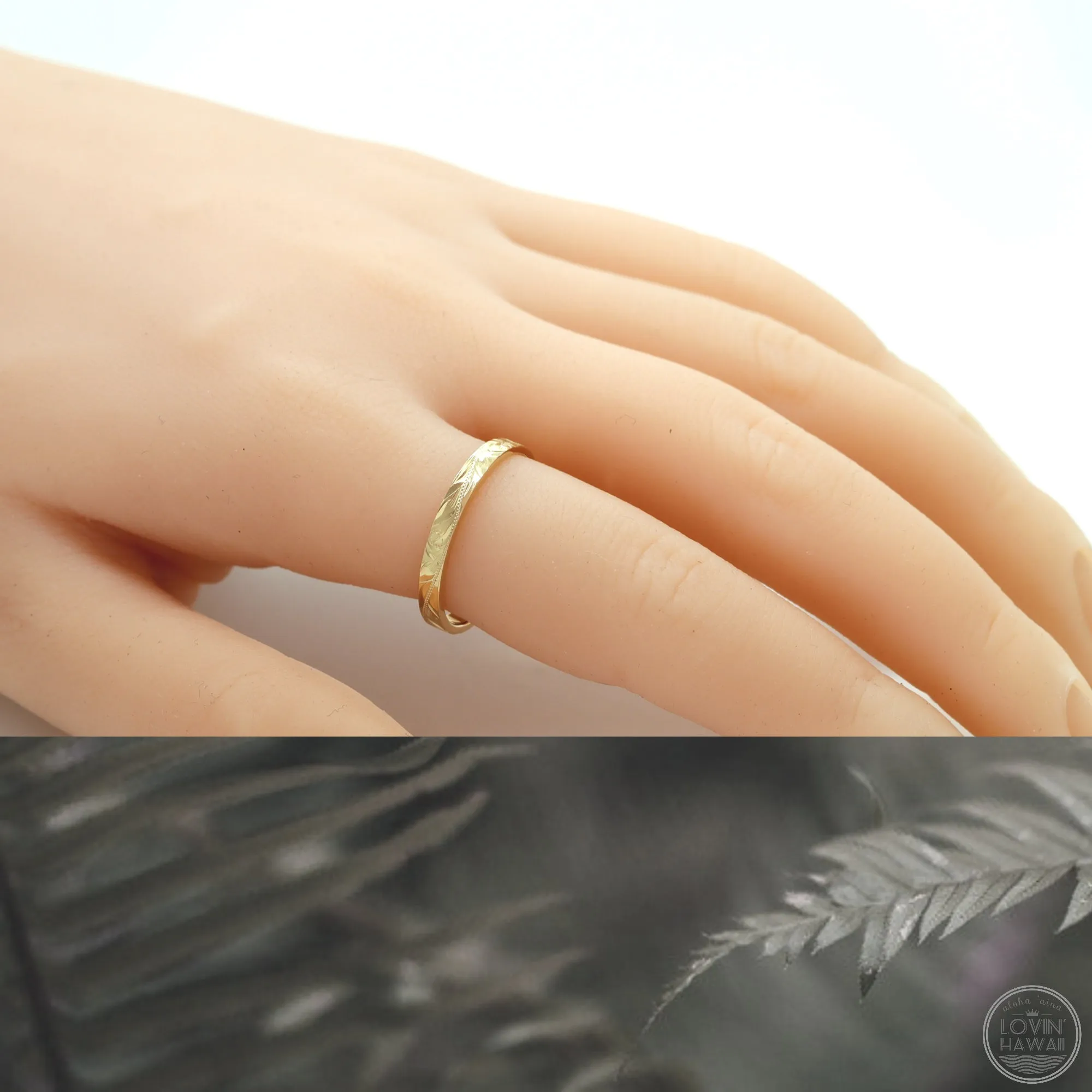 Hawaiian Rose Gold Wedding Ring, Hand Engraved Design (3mm width, Flat Style)