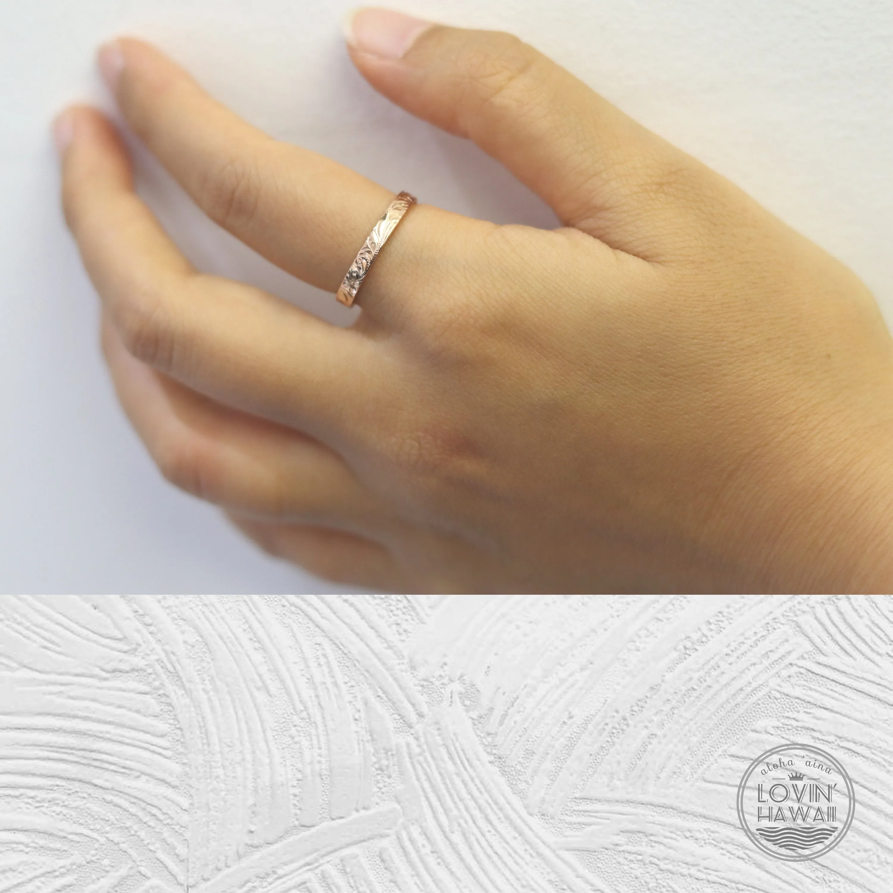 Hawaiian Rose Gold Wedding Ring, Hand Engraved Design (3mm width, Flat Style)