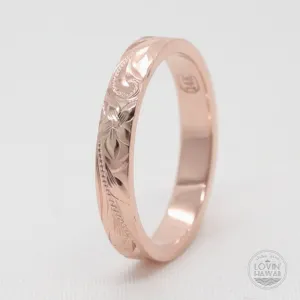 Hawaiian Rose Gold Wedding Ring, Hand Engraved Design (3mm width, Flat Style)