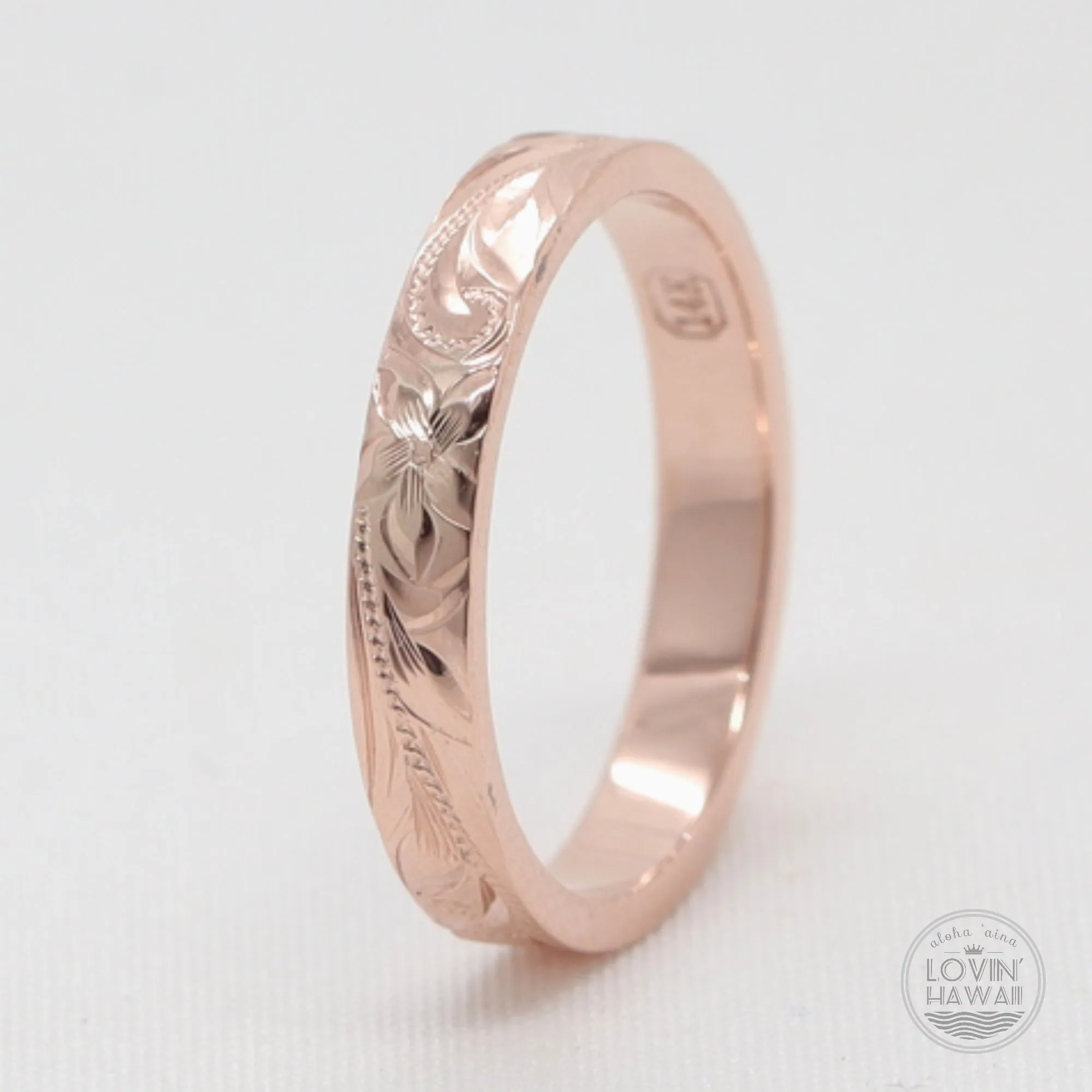 Hawaiian Rose Gold Wedding Ring, Hand Engraved Design (3mm width, Flat Style)