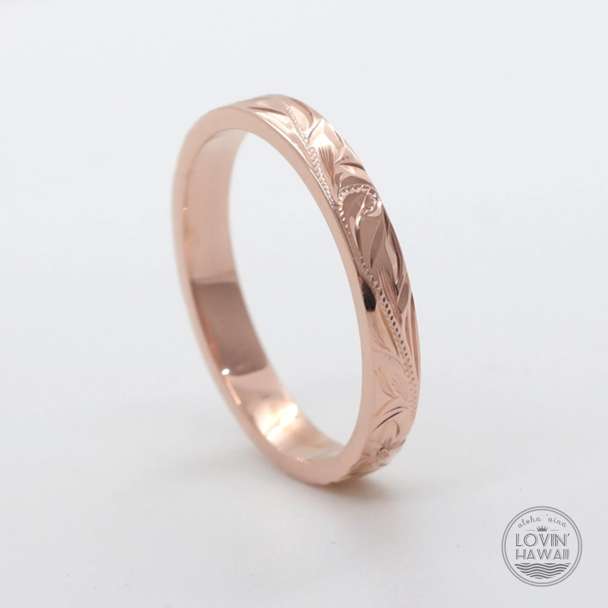 Hawaiian Rose Gold Wedding Ring, Hand Engraved Design (3mm width, Flat Style)