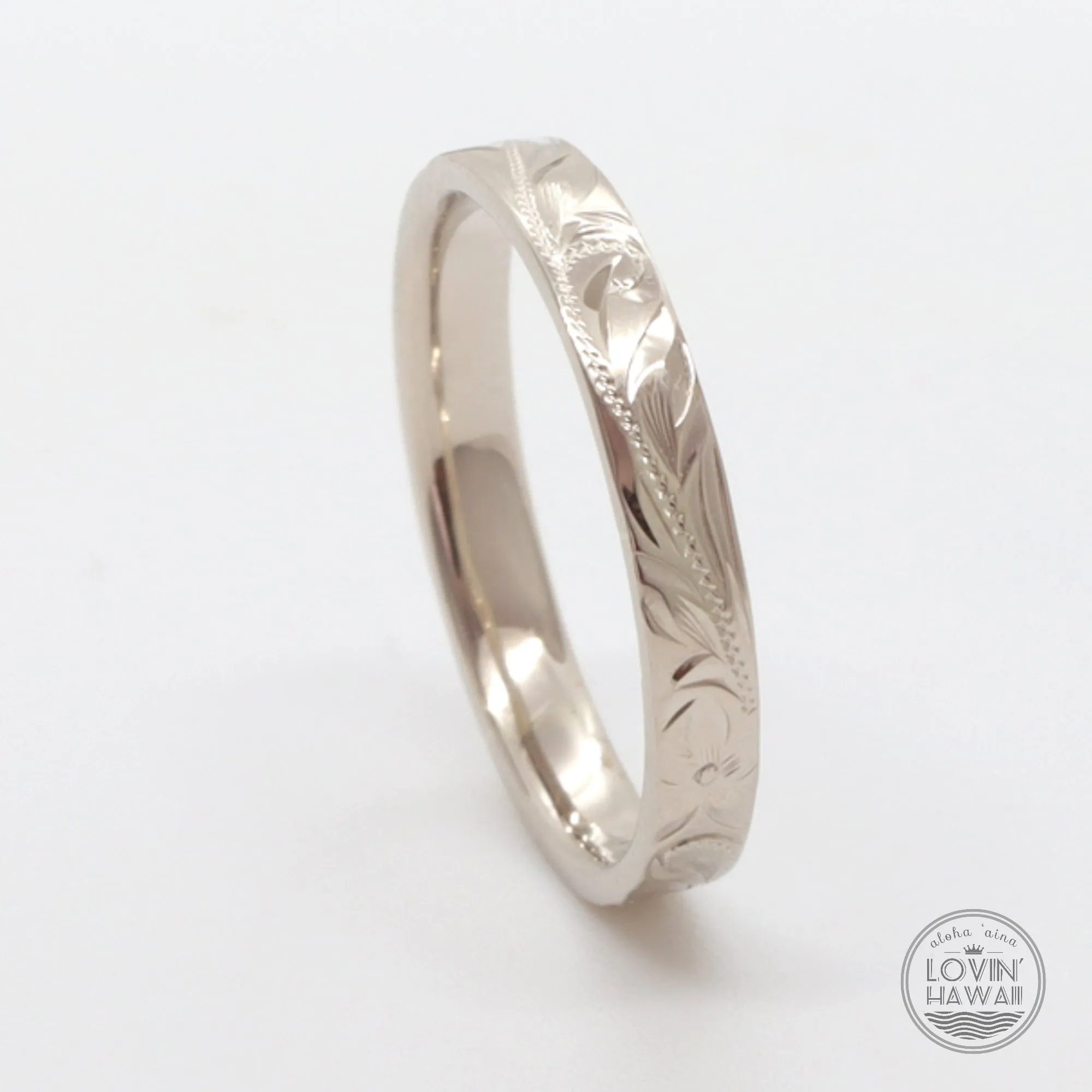 Hawaiian Rose Gold Wedding Ring, Hand Engraved Design (3mm width, Flat Style)